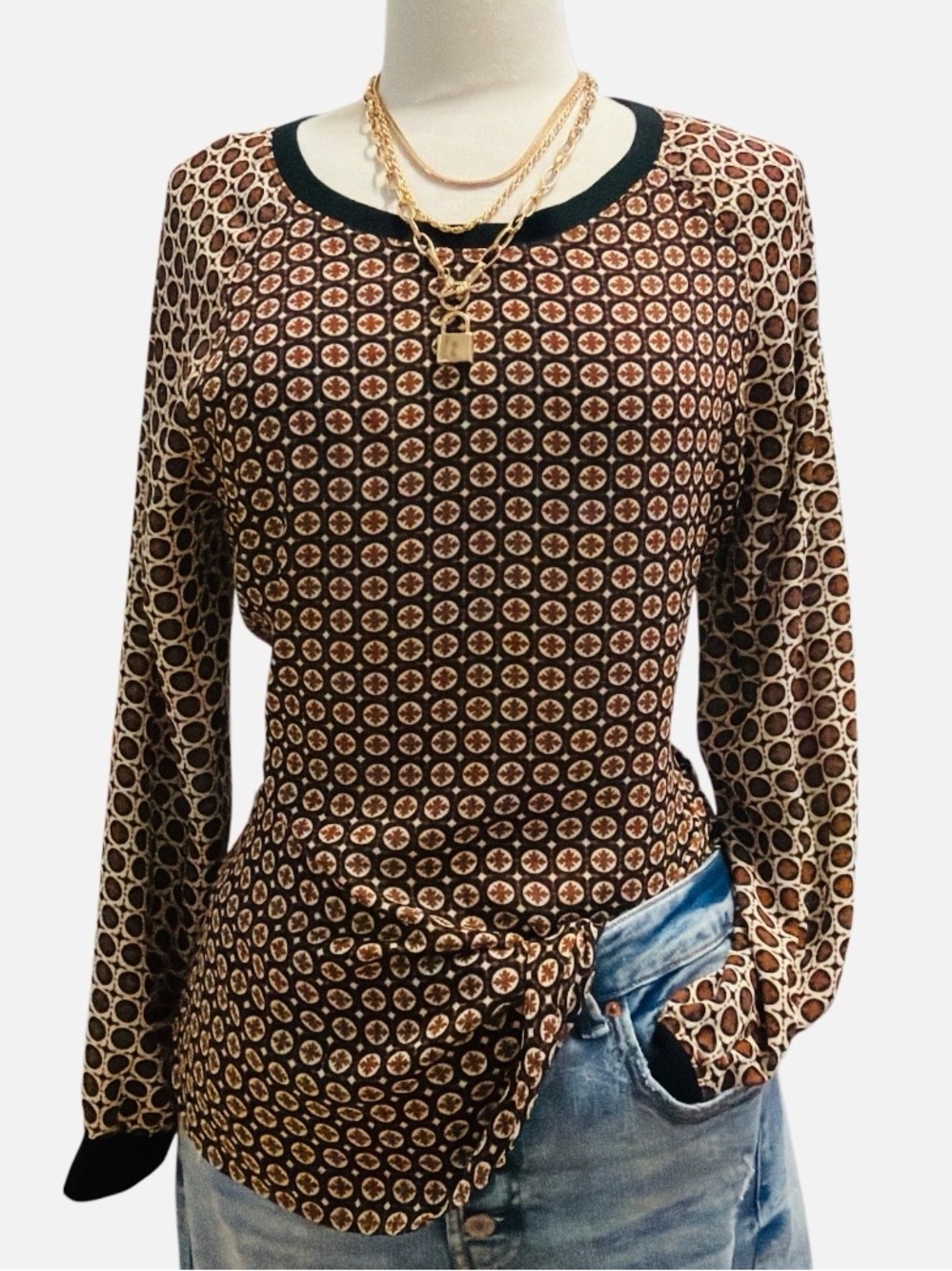 NWOT-Roz & Ali Brown Geo-Print Long Sleeve Top with Black Trim